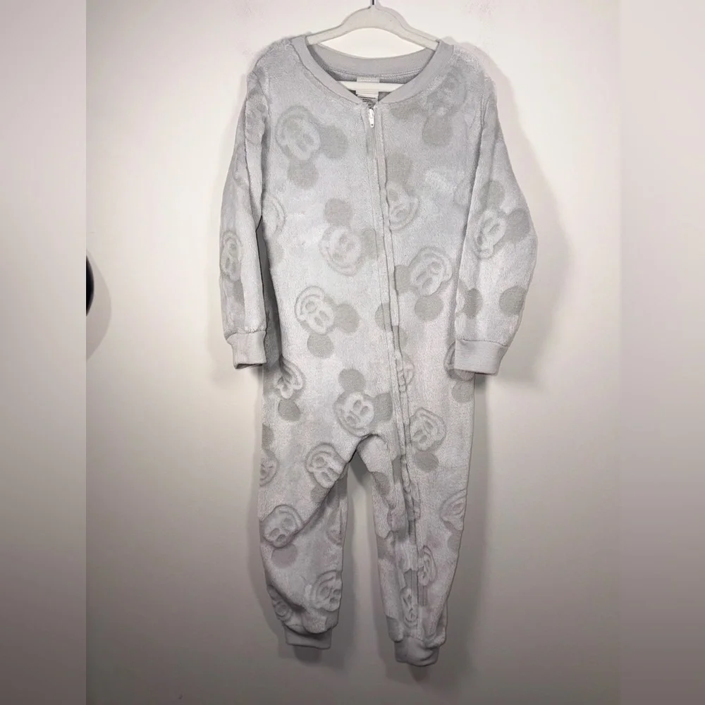 Disney Toddler Kids Gray Mickey Mouse Fleece One-Piece Footie Pajamas Size 4T